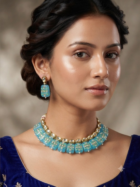 Ethnic Indian Wear Jewelry - Kundan Blue Beaded Choker Necklace Set | Indian Floral Statement Jewelry